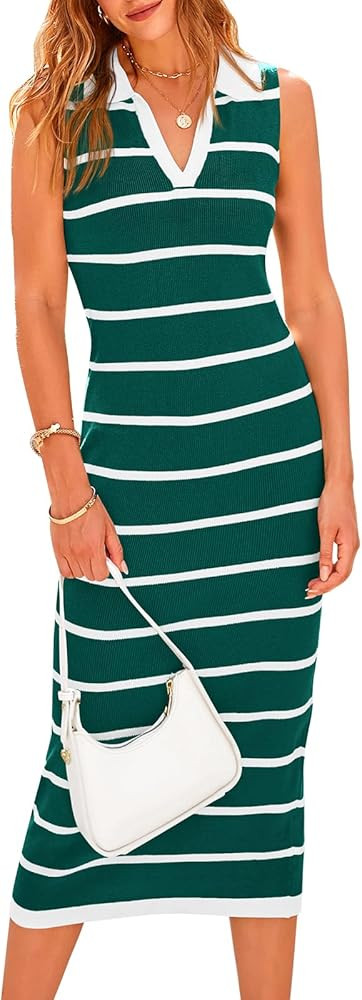 PRETTYGARDEN Women's Summer Dresses 2024 Collar V Neck Sleeveless Midi Dress Causal Stripes Ribbe... | Amazon (US)