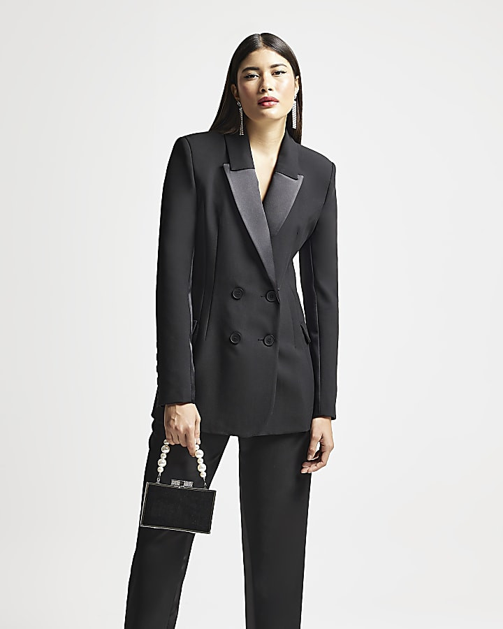 Black RI Studio satin double breasted blazer | River Island (UK & IE)