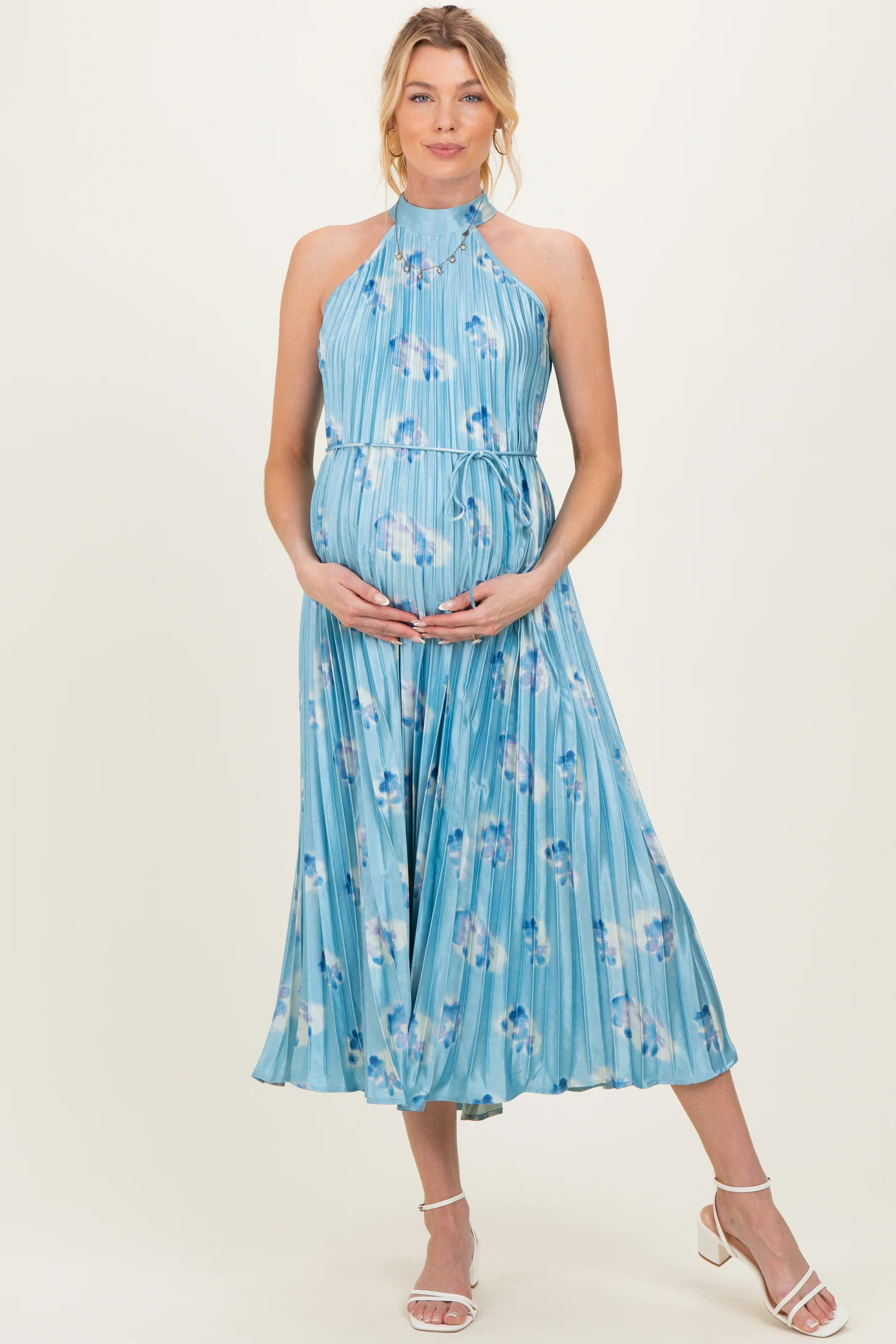 Light Blue Floral Pleated Halter Maternity Midi Dress | PinkBlush Maternity