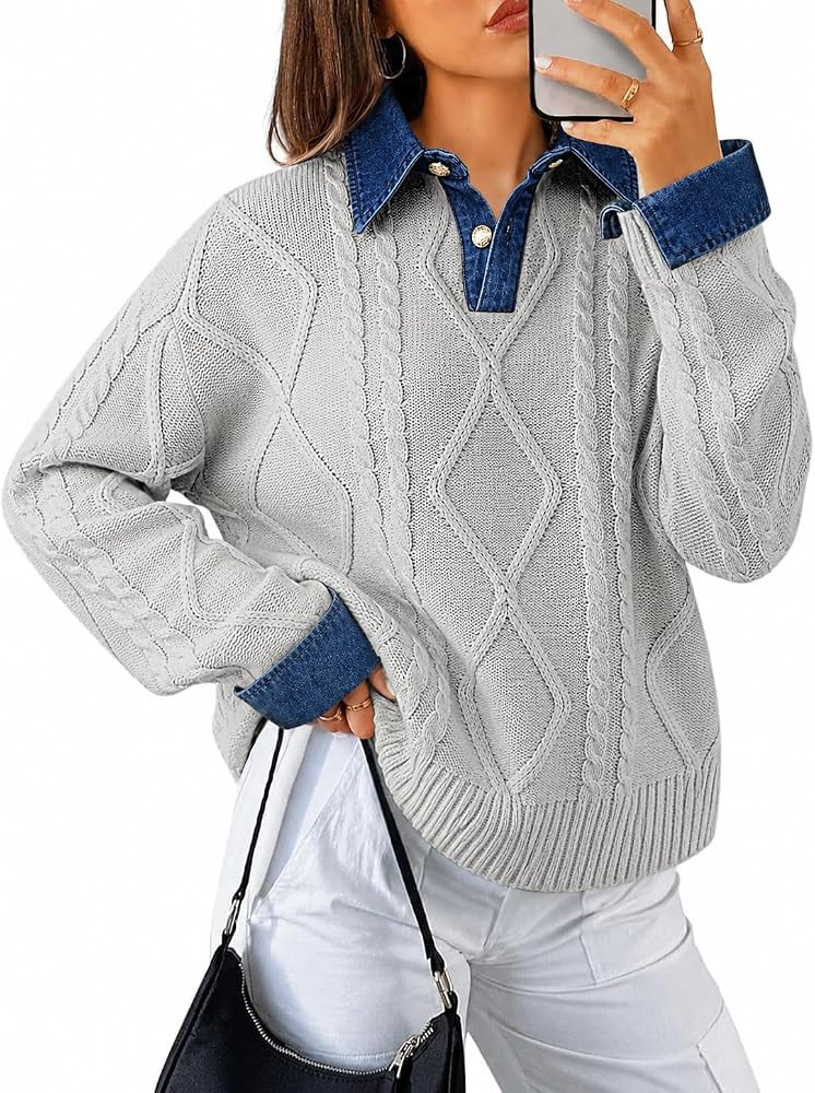 Soesdemo Womens Cable Knit Sweaters Denim Polo Pullover Fall Sweater 2026 | Amazon (US)
