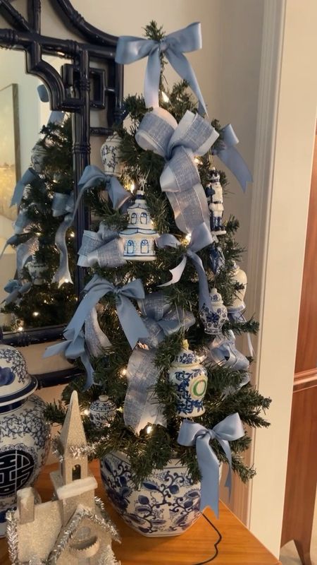 It’s a blue and white Christmas 💙🤍 ginger jar Christmas ornaments and blue ribbon. Chinoiserie Christmas tree! 

#LTKHoliday #LTKGiftGuide #LTKSeasonal