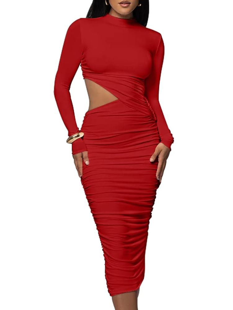 LAGSHIAN Women Sexy Long Sleeve Mock Neck One Piece Cutout Ruched Bodycon Midi Party Dress | Amazon (US)