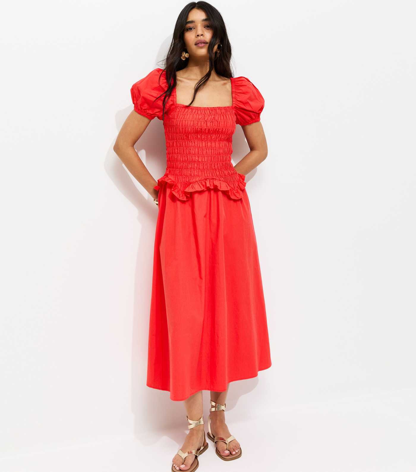 Light Coral Shirred Dropped Waist Midi Dress | New Look | New Look (UK)