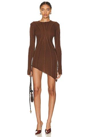 SAMI MIRO VINTAGE Asymmetric Long Sleeve Mini Dress in Double Dyed Brown | FWRD | FWRD 