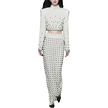 Women's Skirt 2 Pcs Set Beads Embroidered Stand Collar Top Zipper Chic Female Long Skirts Suit | Amazon (US)