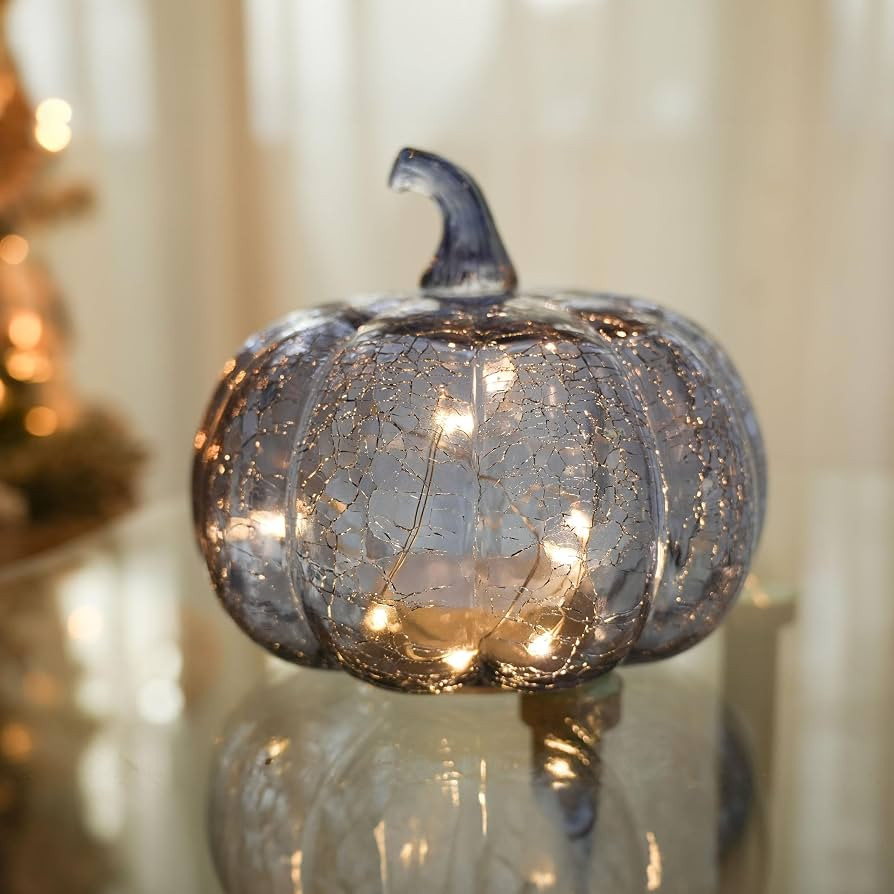 Indigo Blue Crackle Glass Pumpkin Twinkling Light with Timer- Fall Decoration for Home-Lamps for ... | Amazon (US)
