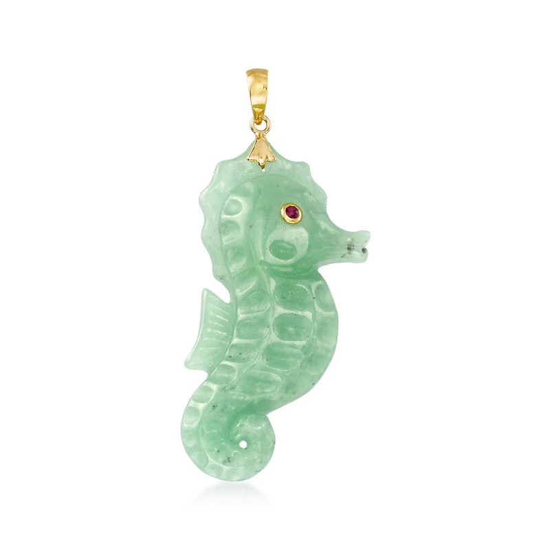 Jade Seahorse Pendant with Ruby Accent in 14kt Yellow Gold | Ross-Simons