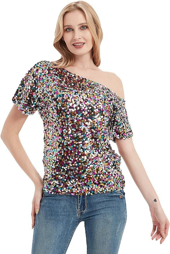 Anna-Kaci Womens Short Sleeve One Shoulder Sexy Sequin Top Blouse, Multicolored, Small at Amazon ... | Amazon (US)
