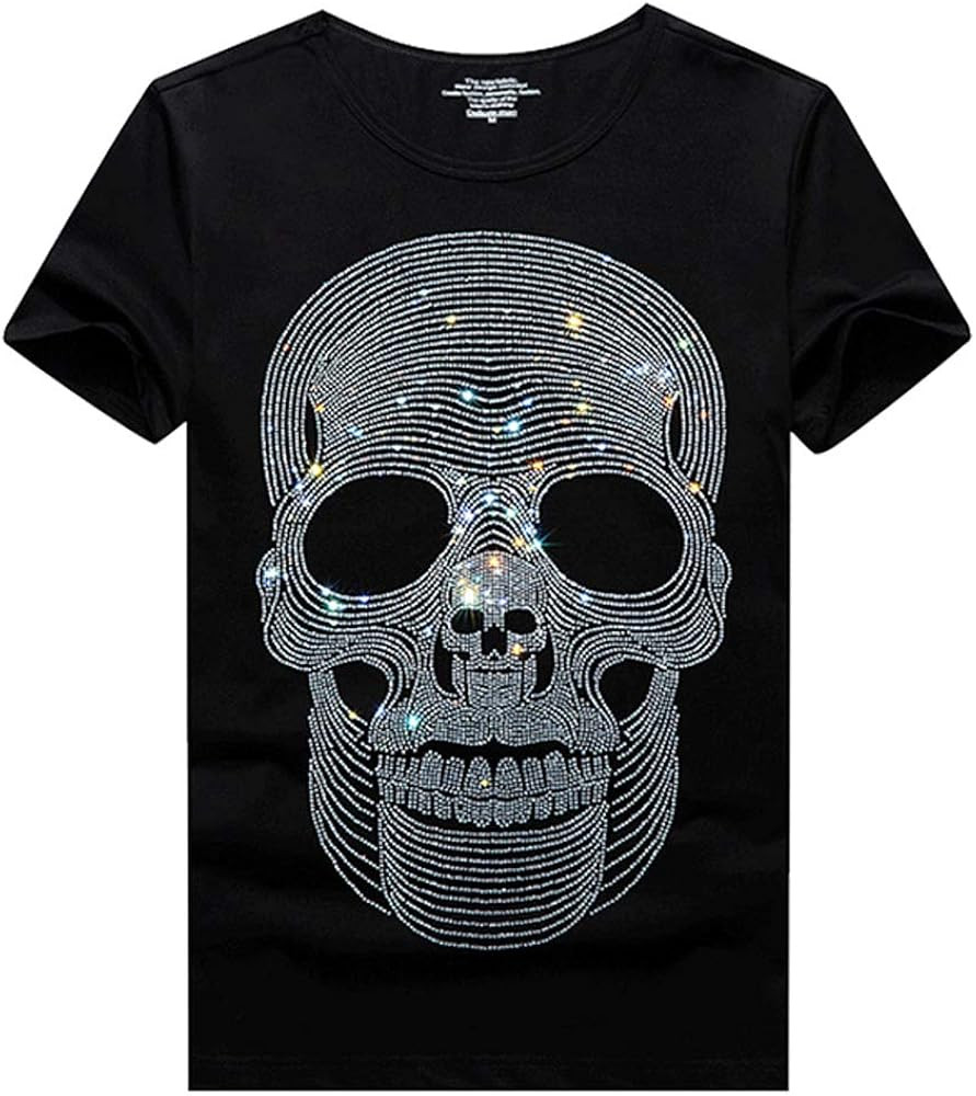 HZCX FASHION Mens Rhinestone Skull Graphic Shirt Round Collar Short Sleeve Tees | Amazon (US)