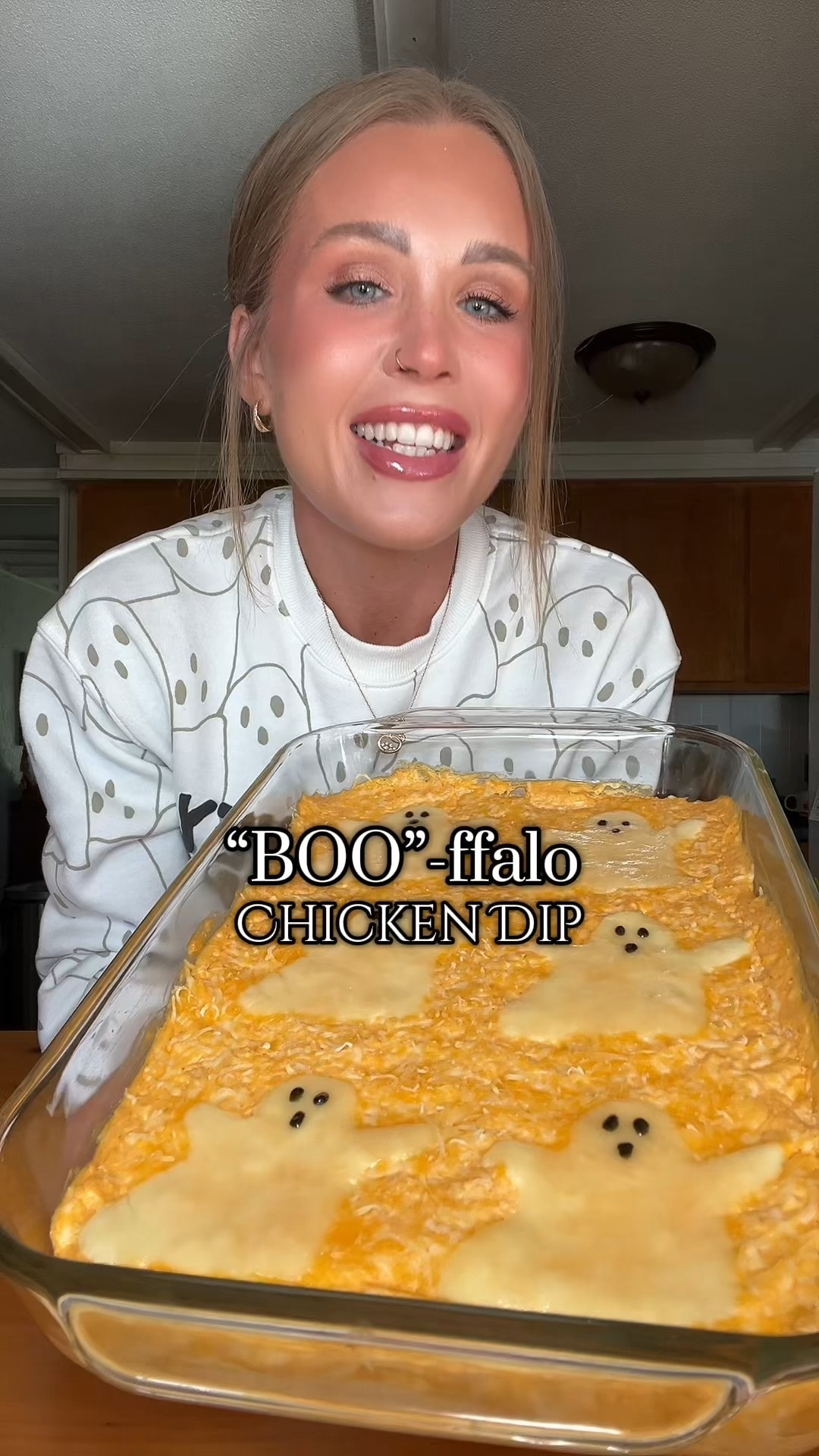 BOO-ffalo Chicken Dip 👻 Add this to the list for your next gathering! So cute for little to no extra work! 👏 

Ingredients: (Bake @ 350°)

✨2- 12.5oz cans canned chicken breast or 1lb shredded chicken
✨16oz cream cheese (softened)
✨1- 1 1/2 cups buffalo sauce of choice (used my favorite from @Kinders) (add more or less my taste)
✨1/2 cup ranch dressing
✨2 cups shredded cheese (1 cup into mixture + 1 cup on top)
✨Mozzarella cheese slices
✨Ghost cookie cutter
✨ Black decorating gel

ENJOY! 😋

#buffalochicken #buffalochickendip #appetizer #hostingideas #halloweenfood 

#LTKHalloween #LTKHome #LTKFindsUnder50