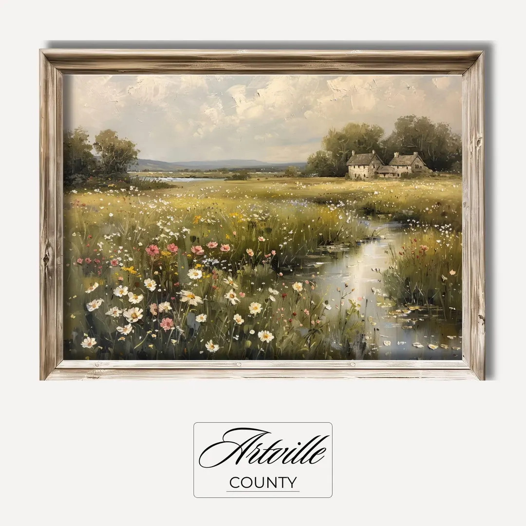 Printable Wildflower Field Landscape Painting, Farmhouse Wall Art, Vintage Cottage Oil Painting, ... | Etsy (US)