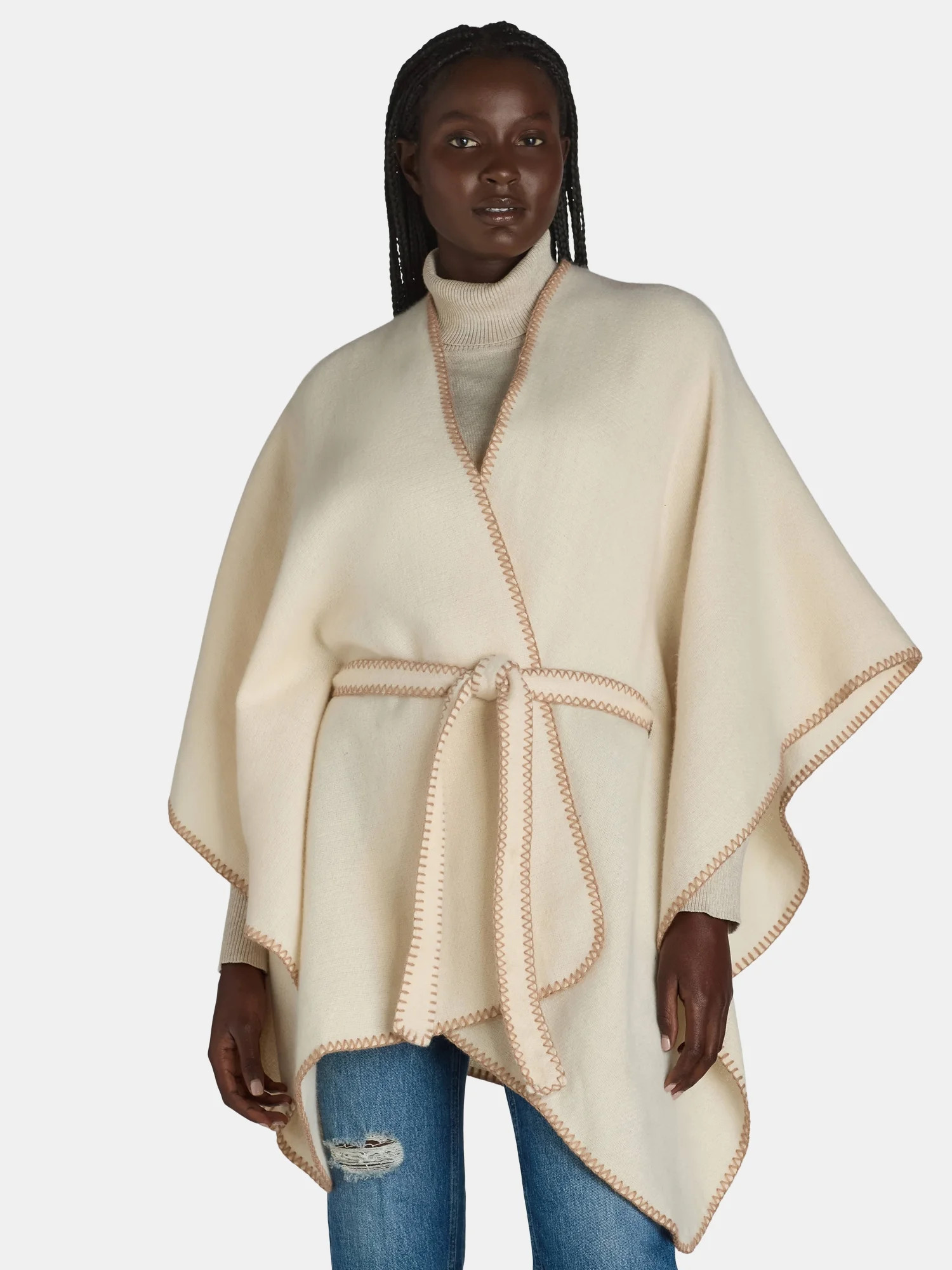 The Pioneer Woman Whipstitch Wrap Ruana with Belt Layering Piece, Buttercream Brownie | Walmart (US)