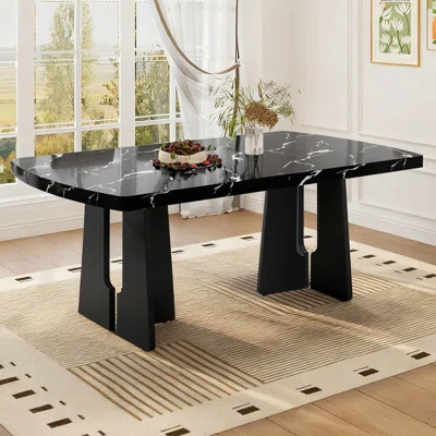 63'' Modern Faux Marble Dining Table with Sturdy Geometric Legs - Black/White Marble Top Kitchen Dining Room Table for Home & Apartment | Wayfair North America
