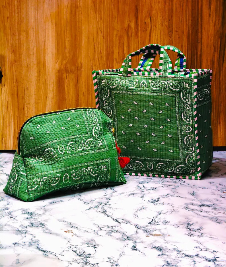 Green Bandana Quilted Tote Bag with Matching Pouch – Handmade Cotton Shoulder Bag | Etsy (Global)