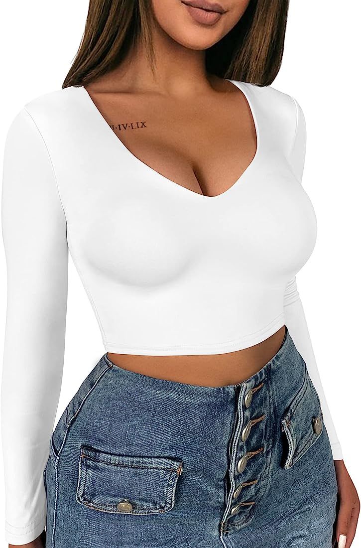 XXTAXN Women's Sexy Bodycon Basic Scoop Neck Long Sleeve Slim Solid Color Crop Top | Amazon (US)