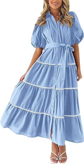 PRETTYGARDEN Women's Summer Button Down Shirt Dress Short Puffy Sleeve Tiered Ruffle Flowy Long M... | Amazon (US)