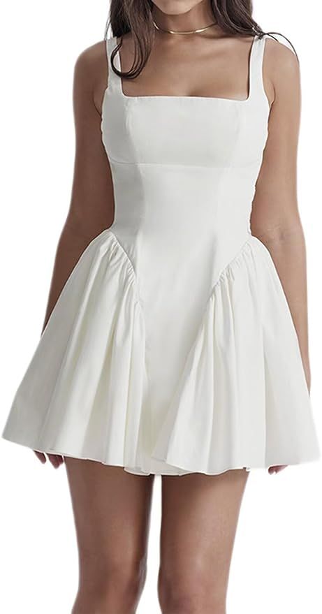 Womens Square Neck Dress Sleeveless Backless Swing A-Line High Waist Tie Waist Ruffle Hem Summer ... | Amazon (US)