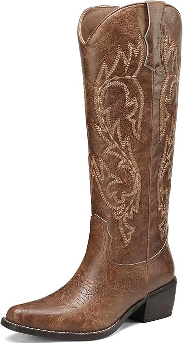 TEAIEUI Cowboy Boots for Women Wide Calf Knee High Western Cowgirl Boots Pointed Toe Chunky Block... | Amazon (US)