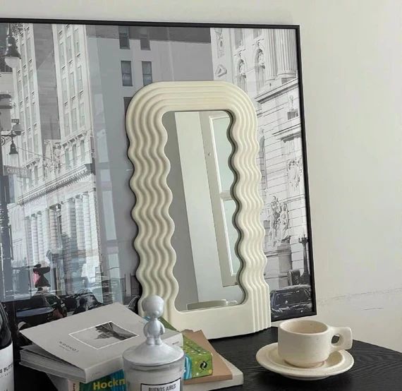 Large Retro Wave Table Mirror 49.5 cm tall, Makeup mirror, in White and Pink, Squiggle Wavy Mirro... | Etsy (US)
