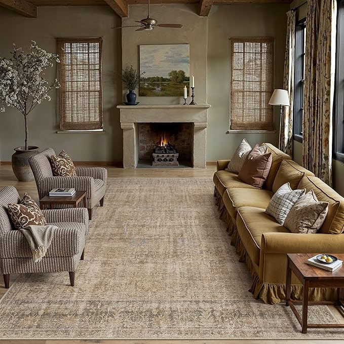 Brown 8x10 Washable Area Rugs for Living Room Bedroom Large Neutral Vintage Rug Soft Durable Carp... | Amazon (US)