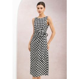 Gingham Tie-Bow Ruched Waist Sleeveless Dress in Black for Brunch Dates & Office Day | Chicwish