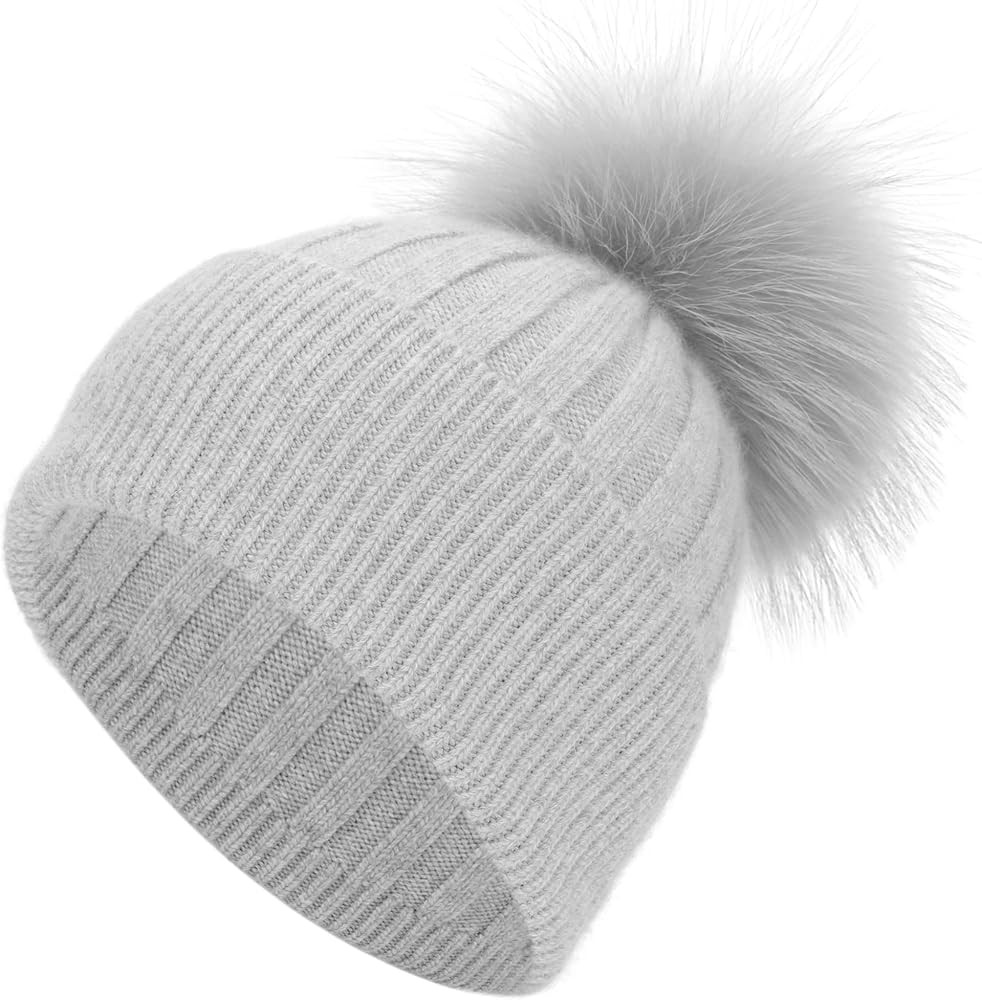 Women's Real Fur Pom Pom Cashmere Blend Winter Ribbed Knit Cuffed Beanie Skull Cap Hat with Fur P... | Amazon (US)