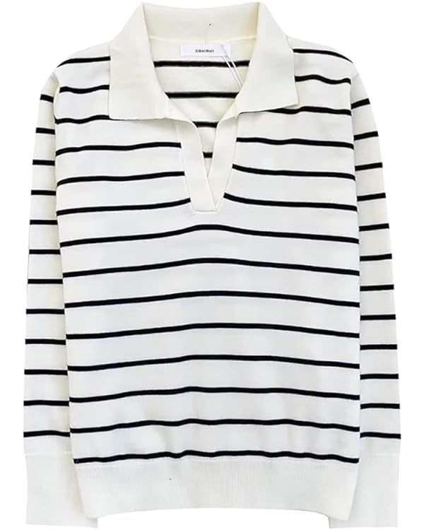 Women’s Polo’s V Neck Relax Fit Striped Knit Sweater Long Sleeve Collared Lightweight Ribbed ... | Amazon (US)