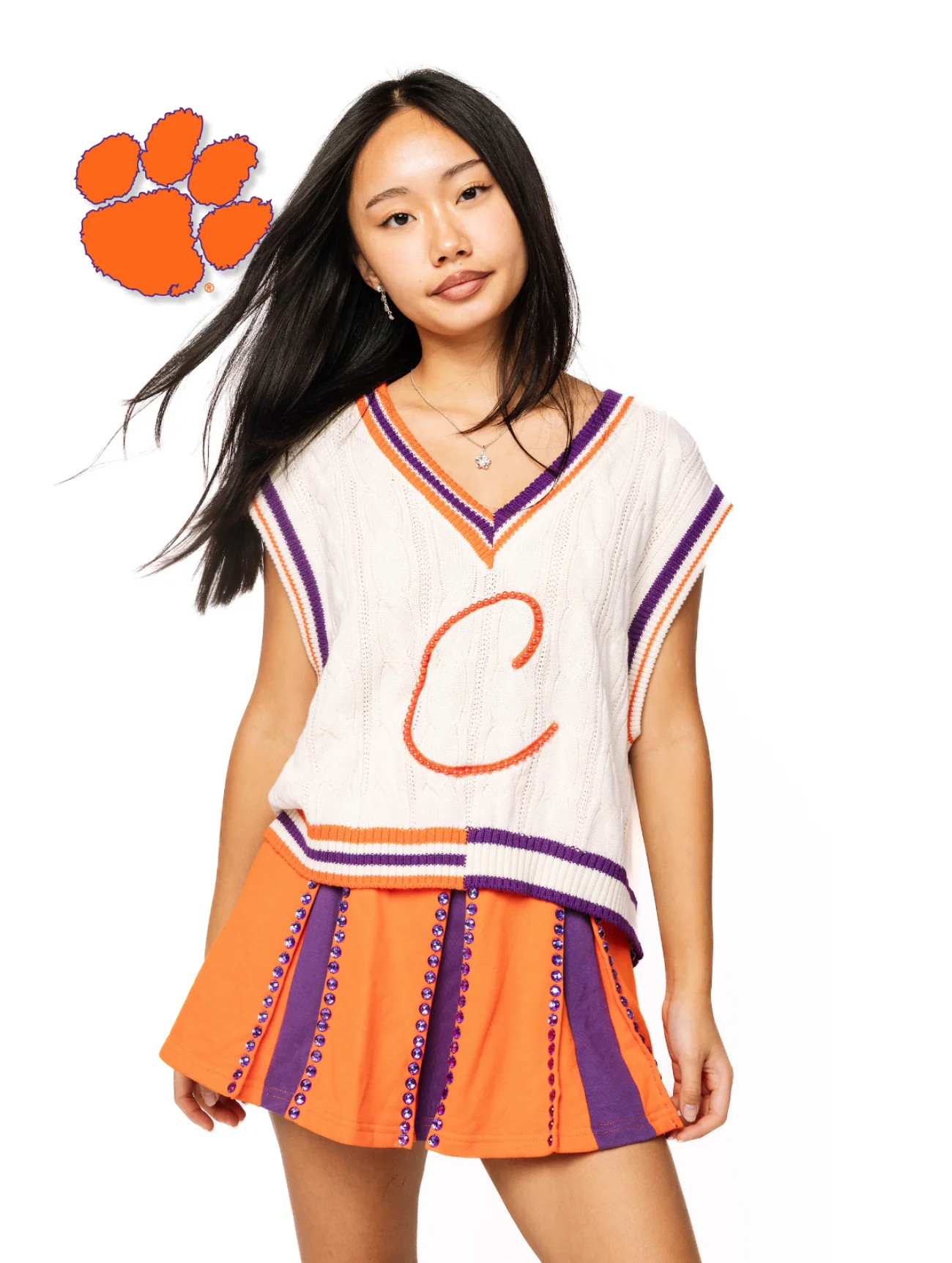 Licensed Sample - White, Orange & Purple 'C' V Neck Sweater Vest | Queen of Sparkles