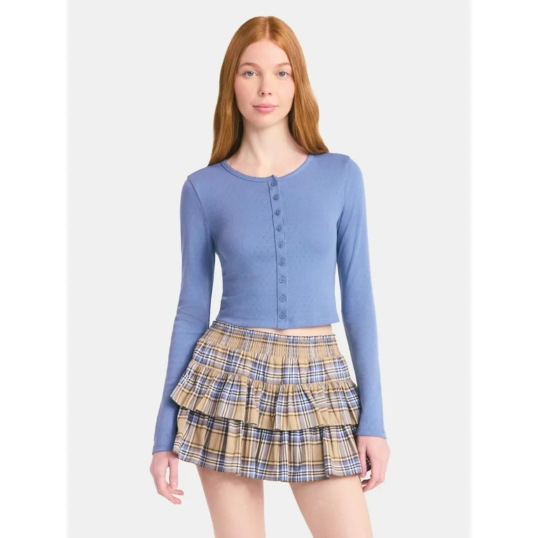 No Boundaries Button-Front Pointelle Cardigan with Long Sleeves, Women's | Walmart (US)