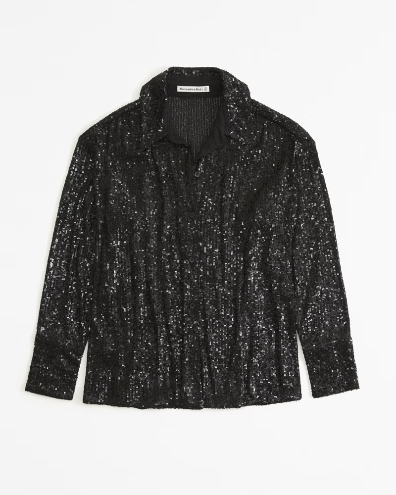 Long-Sleeve Sequin Button-Up Shirt | Abercrombie & Fitch (US)