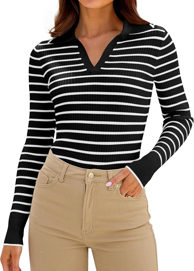 ZESICA Women's 2024 Fall V Neck Knit Striped Shirts Long Sleeve Slim Fit Lapel Sweater Casual Rib... | Amazon (US)
