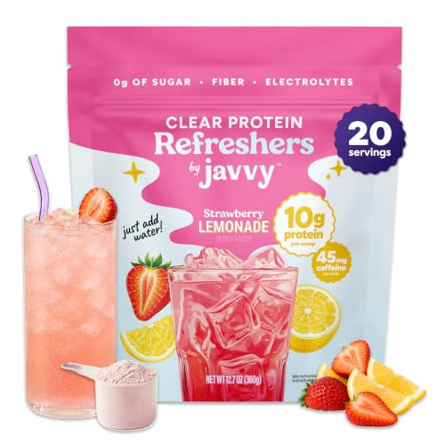 Javvy Clear Protein Refresher Drink Mix – 10g of Whey Protein and Collagen Peptides, Electrolytes Powder, Natural Flavors, 0g of Sugar, 45mg Caffeine, 20 Servings, Strawberry Lemonade | Amazon (US)