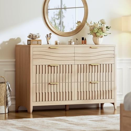 PIXOURA Fluted 6 Drawer Dresser for Bedroom, 48'' Wide Modern Chest of Drawers with Metal Handles, Wooden Dresser TV Stand, Wood Clothing Storage Organizer for Living Room, Entryway, Natural Oak | Amazon (US)