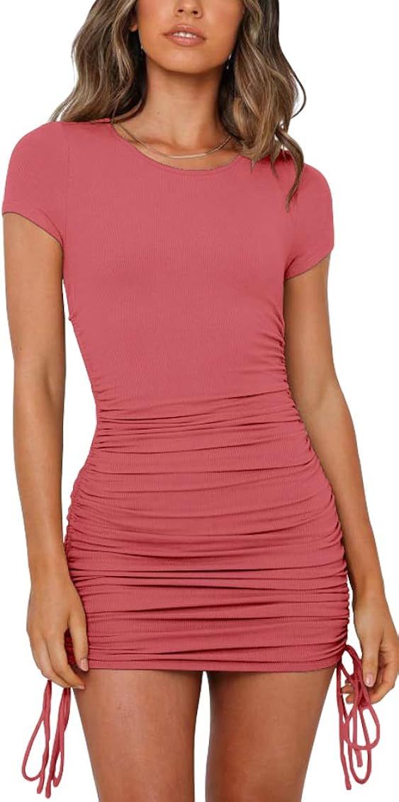 NENONA Women's Short Sleeve Summer Ruched Bodycon Mini Dress Side Drawstring Clubwear Casual Dresses | Amazon (US)