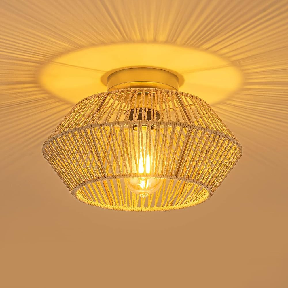 TSMKLEDAN Rattan Light Fixtures Ceiling Mount, 12.6 Inch Boho Light Fixture with Hand-Worked Wove... | Amazon (US)
