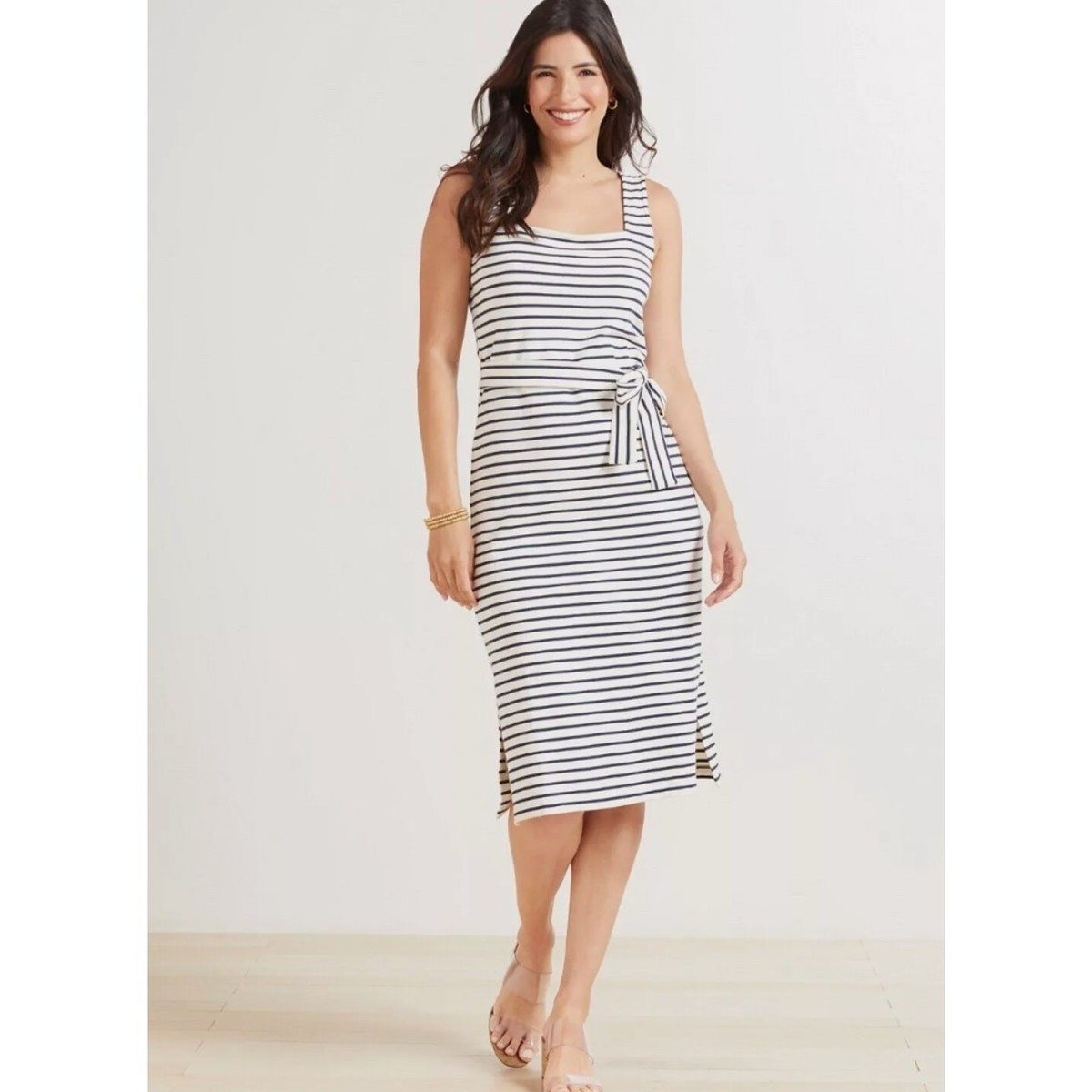 Taylin Sleeveless Tie Waist Midi Dress In Chalk Navy Stripe XS | eBay | eBay US