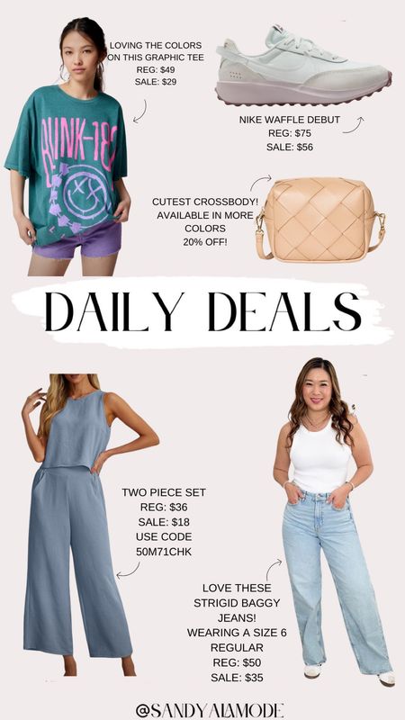 Daily deals // graphic tee // urban outfitters // Nike waffle debut // spring purse // spring crossbody // Amazon fashion // Amazon set // summer outfit // American eagle strigid baggy jeans 

#LTKsalealert
