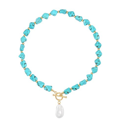 SOFYBJA Dainty 18K Gold Irregular Turquoise Pearl Pendant Necklace for Women Toggle Necklace Handmade Jewelry | Amazon (US)