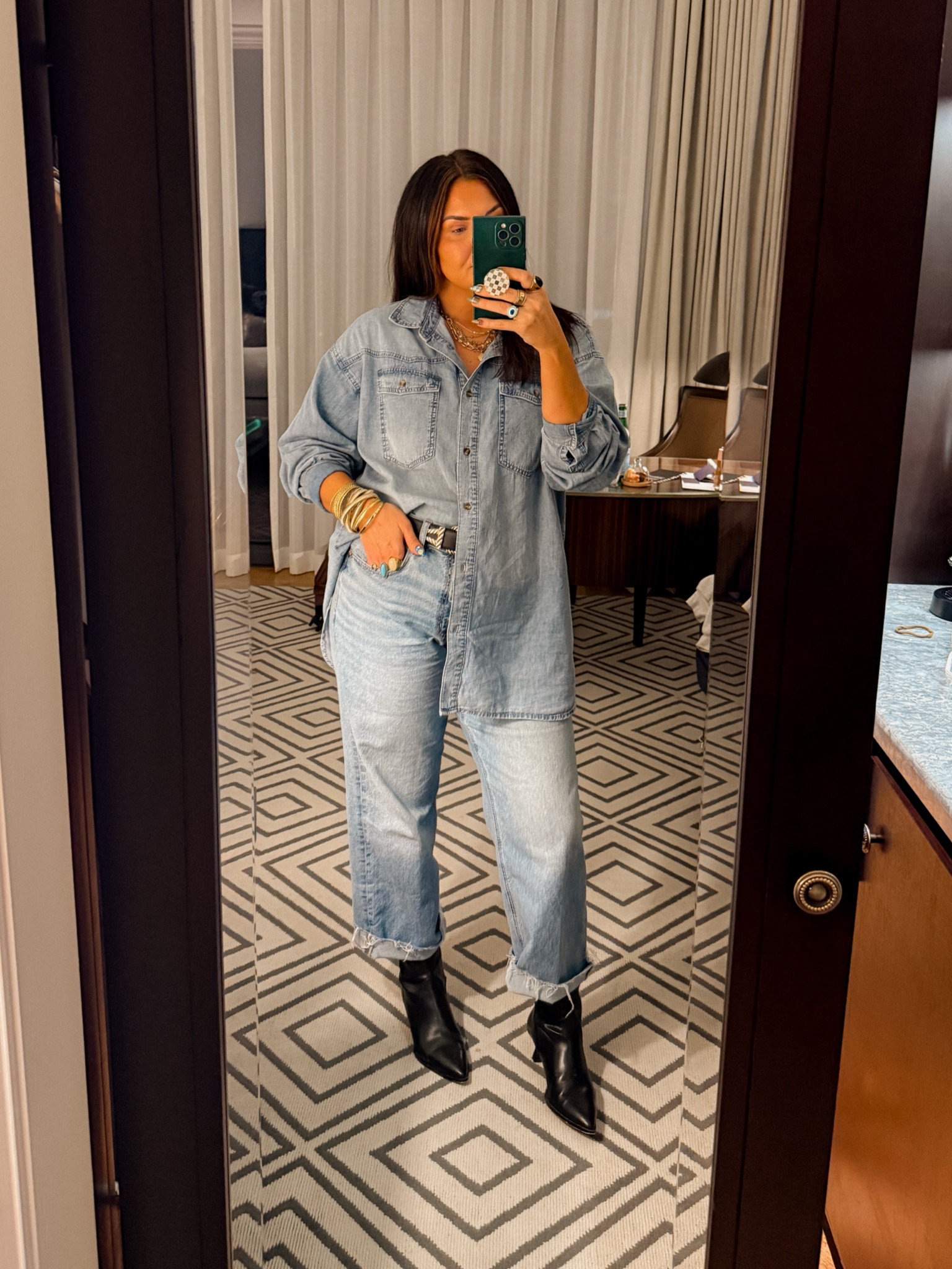 Denim on denim
Denim shirt: XL
Jeans: TTS…I cut off about 3” and rolled them. 


#LTKFindsUnder50 #LTKMidsize #LTKStyleTip