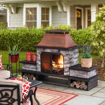 Sunjoy Quillen Outdoor Fireplace, Patio Wood Burning Fireplace with Steel Chimney, Mesh Spark Screen Doors and Fire Poker | Wayfair North America