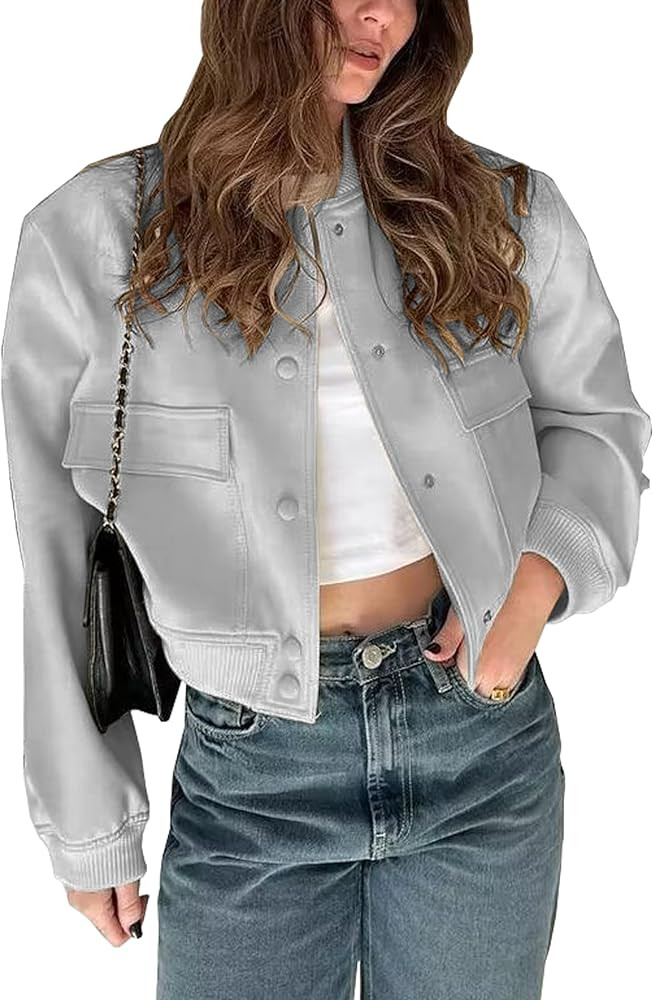 Megfie Womens Cropped Bomber Jacket Button Down Varsity Jackets Shackets With Pockets | Amazon (US)