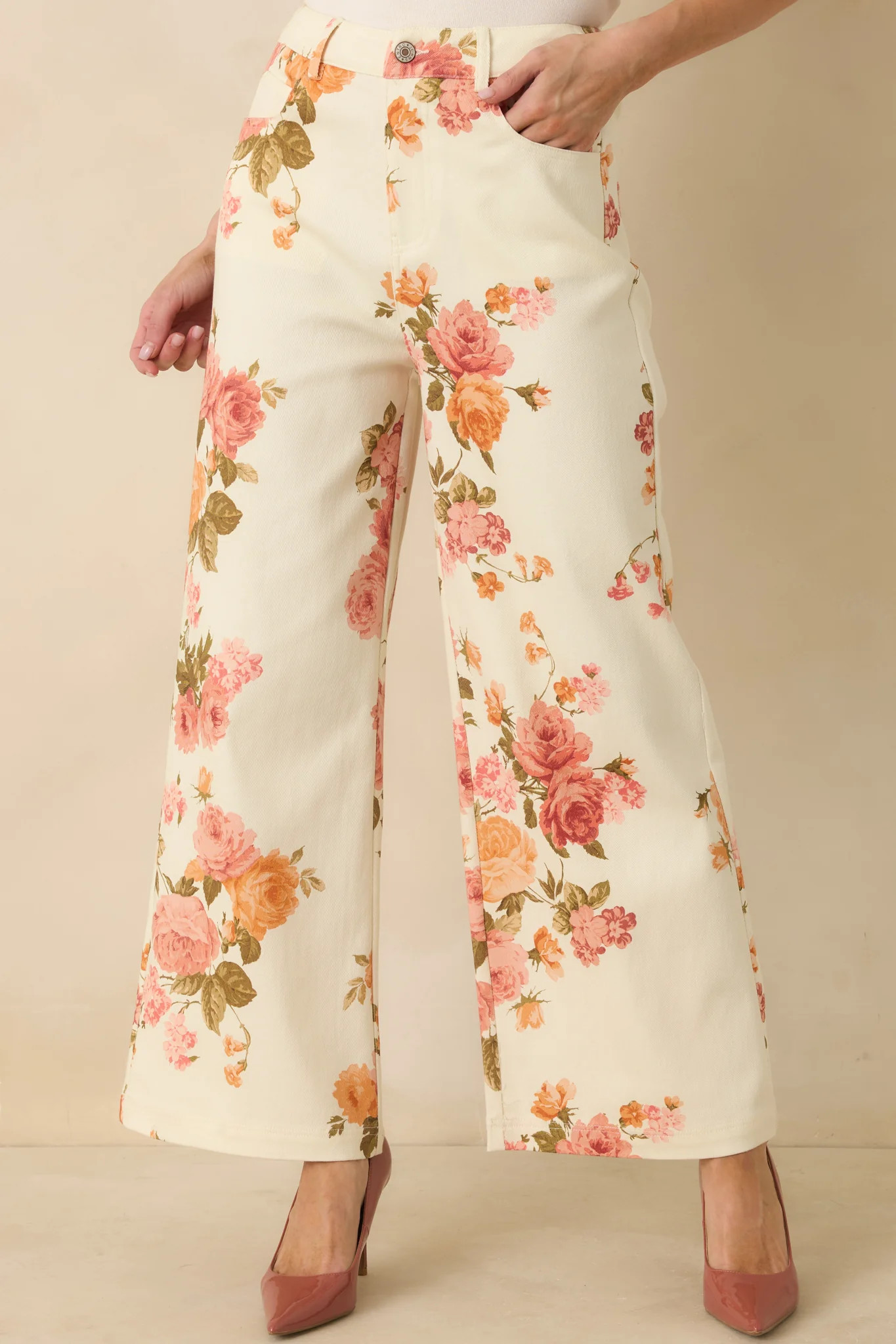 Grace in Motion Pink Floral Print Cotton Wide Leg Pants | Red Dress
