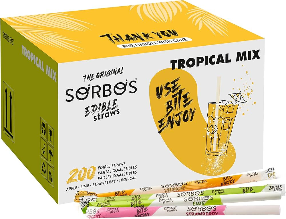 SORBOS Edible Straws, Tropical Mix Flavor Variety, Tropical, Strawberry, Lime, Apple, Individuall... | Amazon (US)
