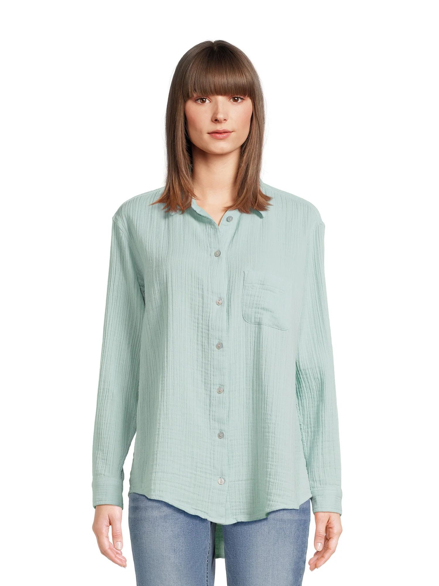 Time and Tru Women’s Double Cloth Shirt with Long Sleeves, Sizes XS-XXXL | Walmart (US)