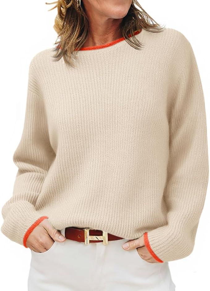 Saodimallsu Womens Crew Neck Sweater Chunky Long Sleeve Ribbed Knit Color Block Loose Casual Fall... | Amazon (US)