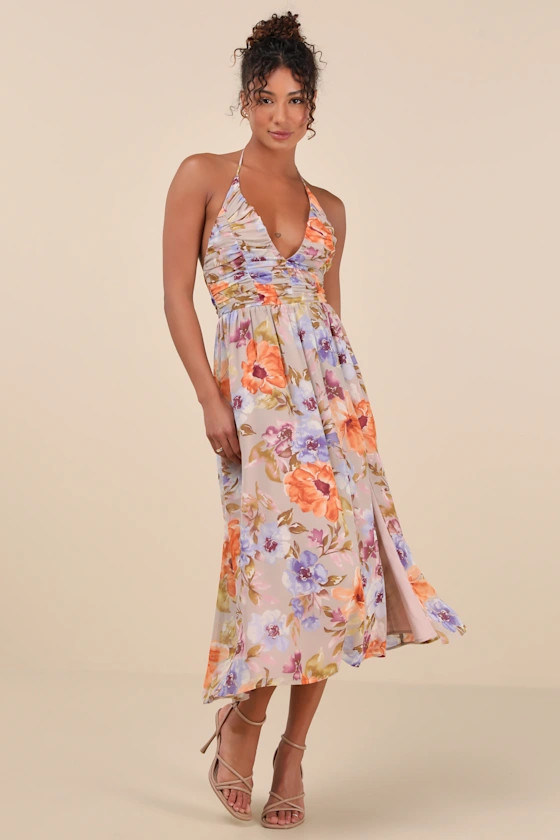 Danelle Taupe Floral Halter A-Line Midi Dress | Lulus
