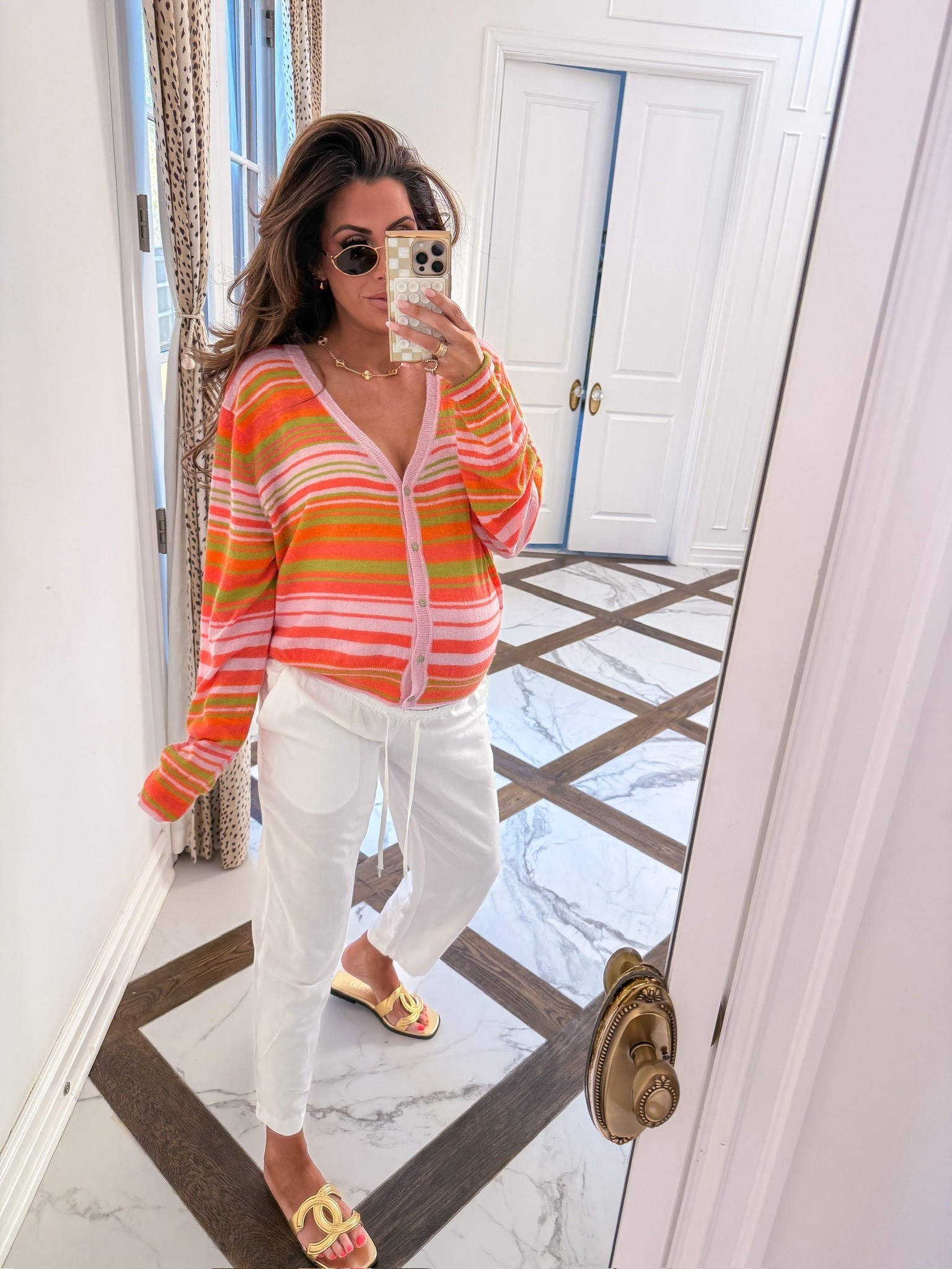 Wearing a size large in sweater and size small in pants! 

Spring outfits, Spring outfits 2026, Spring fashion, Sweater, White linen pants, Linen pants, Maternity linen pants, Chanel sandals, Gold sandals, Emily Ann Gemma 

#LTKmomlife #LTKdayinmylife #LTKootd