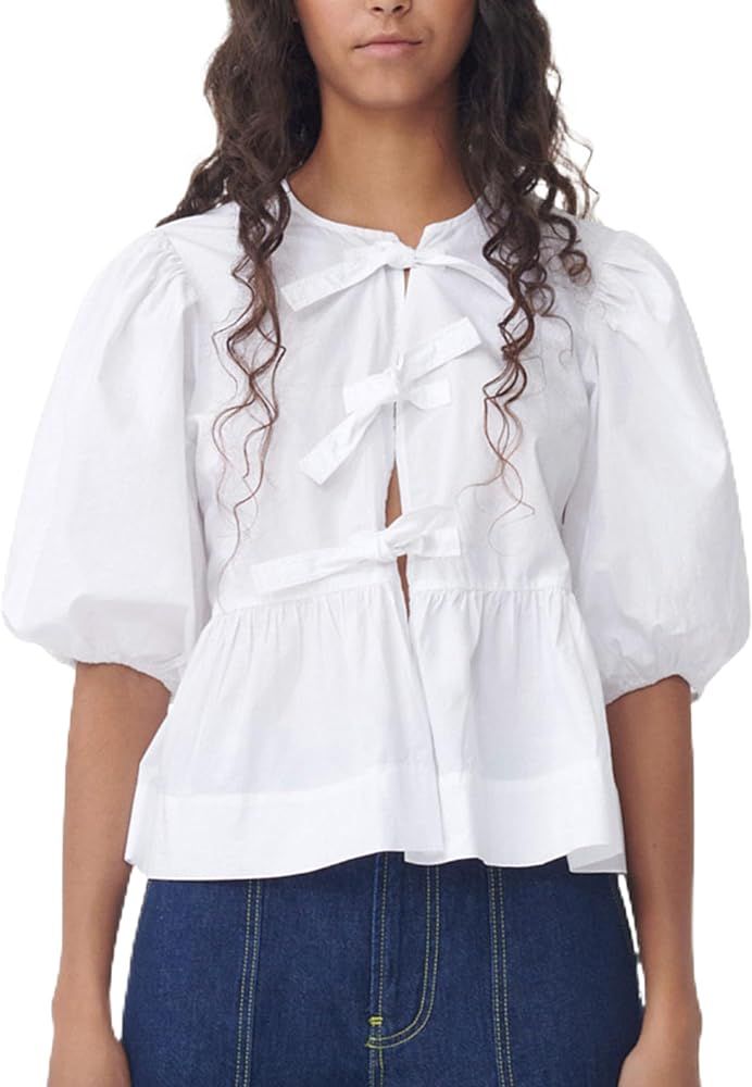 Y2K Front Tie Tops for Women Cute Cotton Peplum Blouses Puff Sleeve Ruffle Hem Babydoll Shirt | Amazon (US)