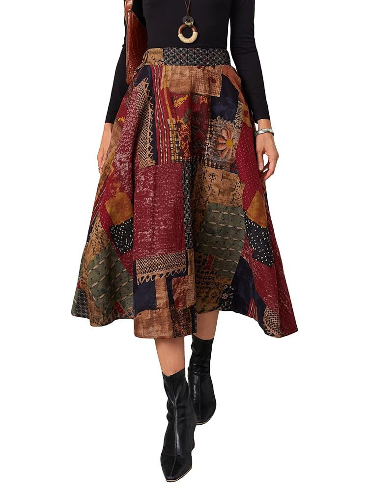 WDIRARA Women's Patchwork Skirt High Waisted A Line Flowy Boho Vintage Midi Skirt | Amazon (US)