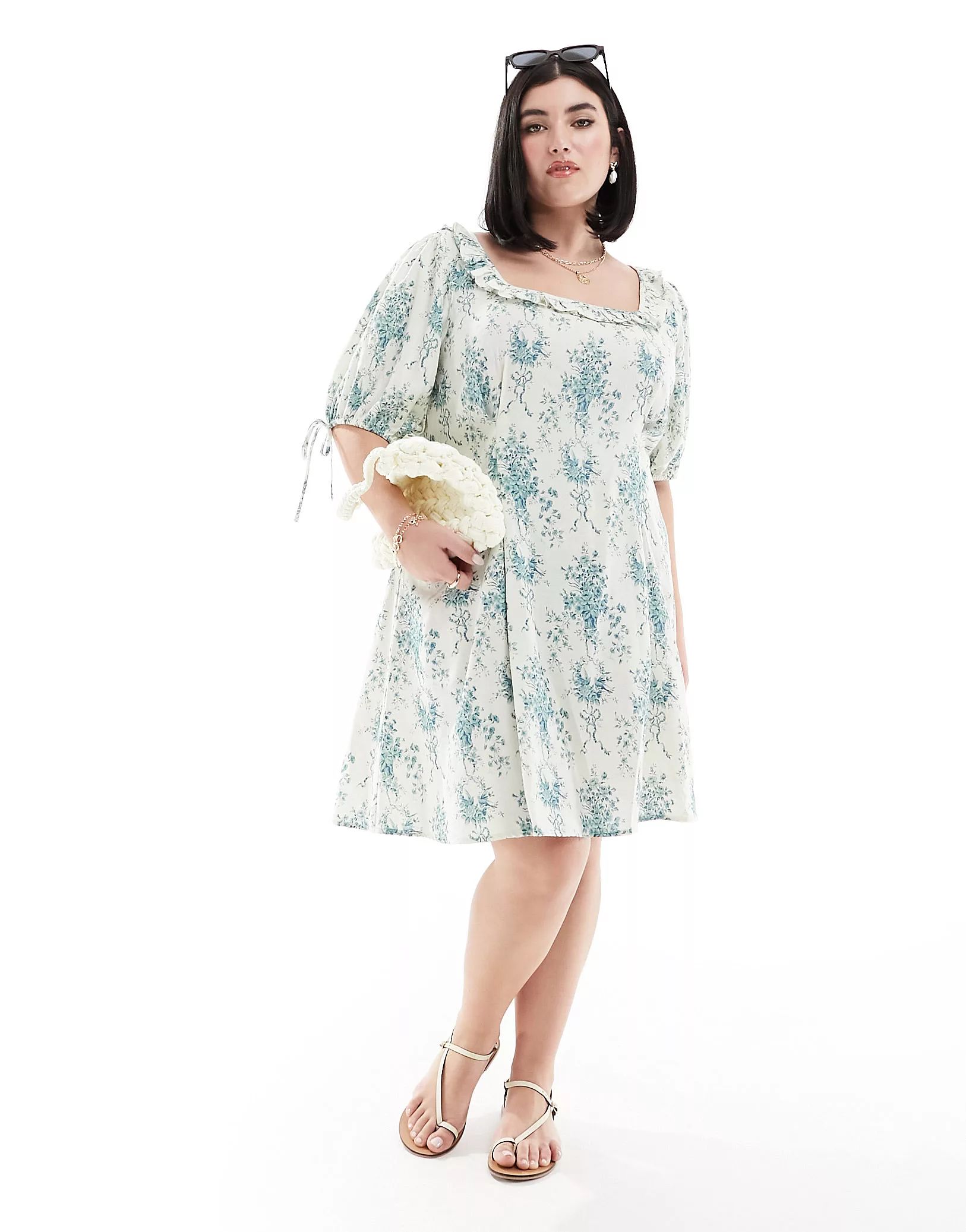 ASOS DESIGN Curve frill neck puff sleeve mini dress in blue floral print | ASOS | ASOS (Global)
